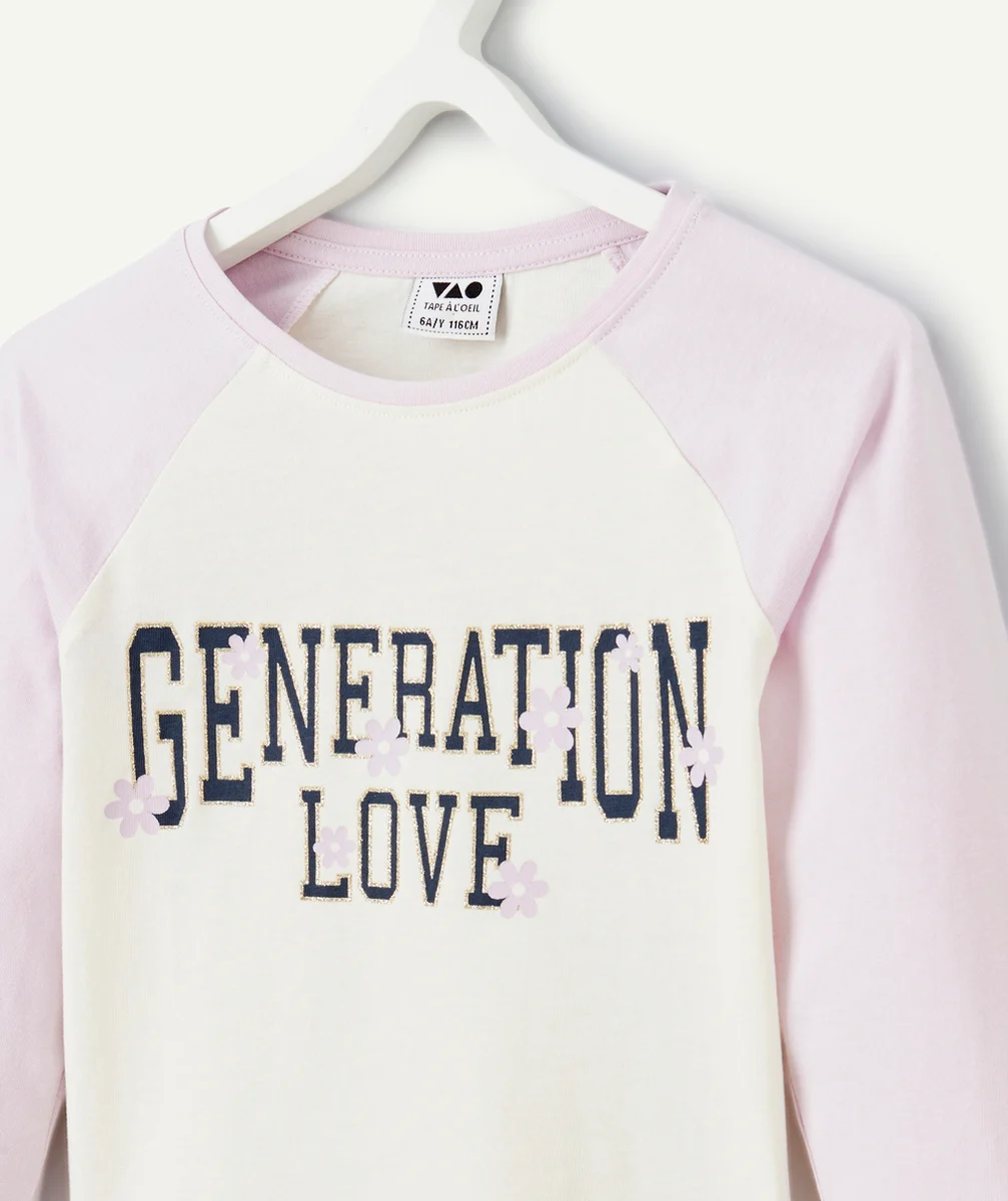 T-SHIRT FILLE EN COTON BIO MAUVE ET BLANC AVEC MESSAGE PAILLETÉ