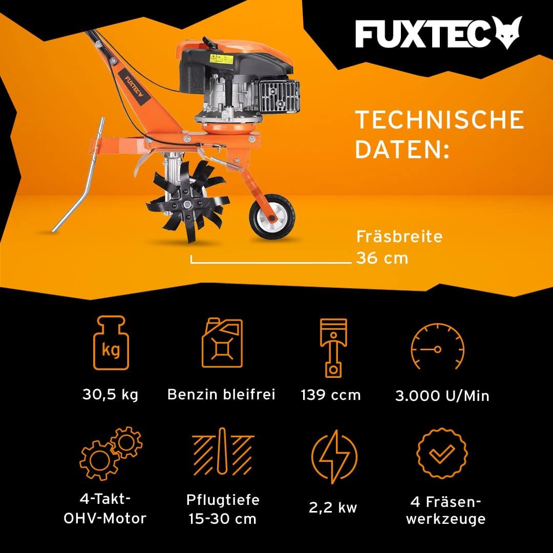 FUXTEC Motorhacke FX-AF1139, Gartenfräse für kleine bis mittelgroße Flächen, benzinbetriebene Bodenhacke, 16 robuste Messer, 4-Takt-Motor, Arbeitsbreite 36 cm, 3000 U/min