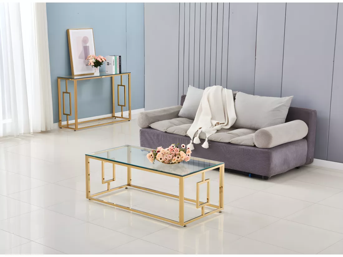 Table basse plateau en verre transparent pieds gold 120 cm - sophie