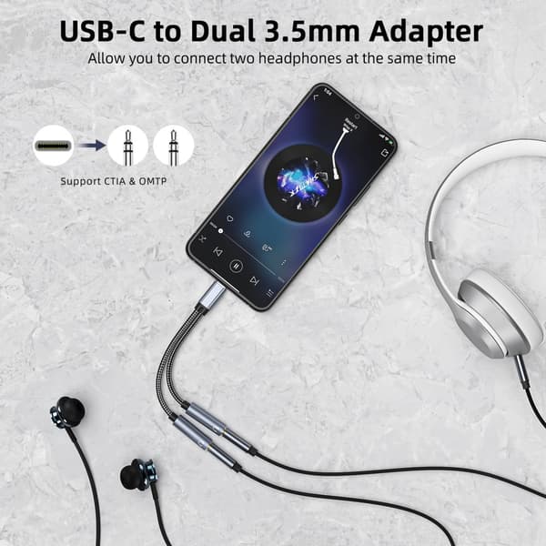 INF USB C til dobbel 3,5 mm lydadapterkabel Sort