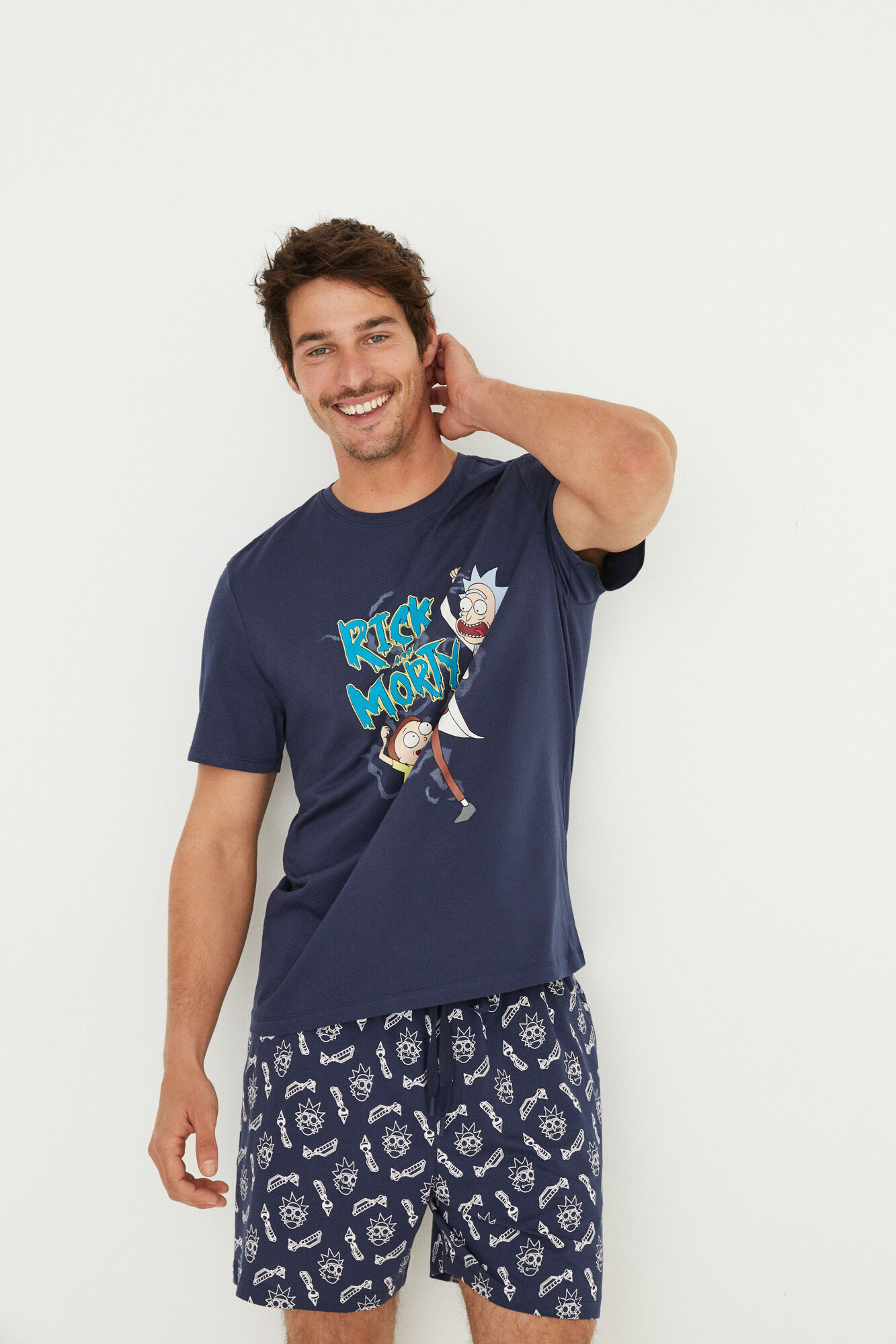 Pijama curto masculino 100% algodão Rick y Morty - azul