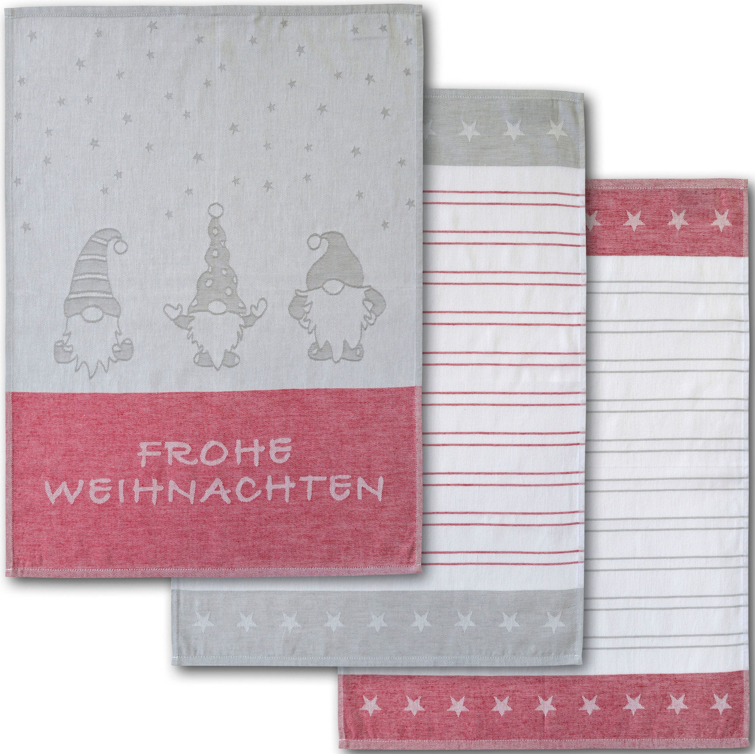 Dyckhoff Geschirrtuch »Wichtel, mit Schriftzug Frohe Weihnachten, Streifen und Sternen« mit 3 verschiedenen Motiven, Masse je Tuch ca. 50x70 cm, 100% Baumwolle