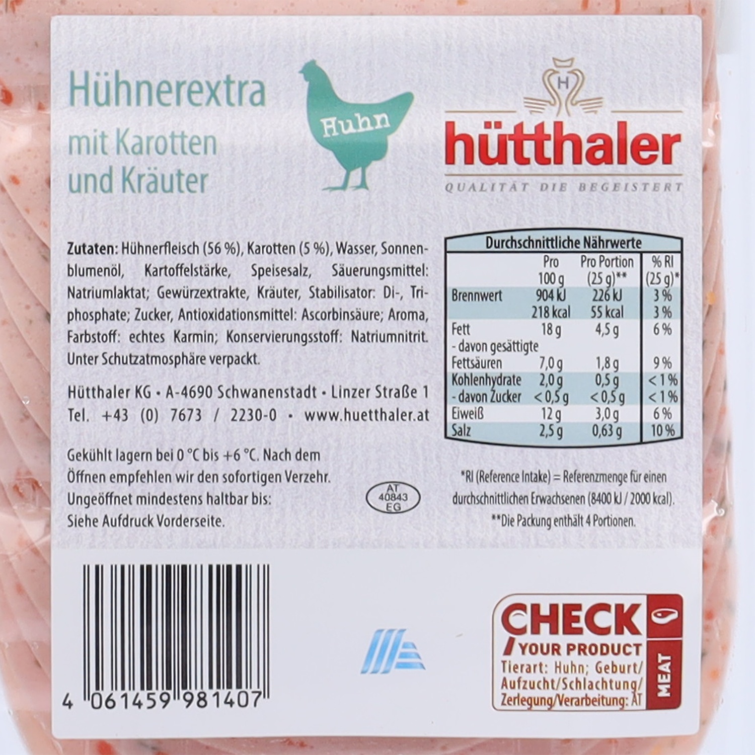 GENUSS 100% AUS ÖSTERREICH Hühner-Extrawurst, Karotte-Kräuter 100 g