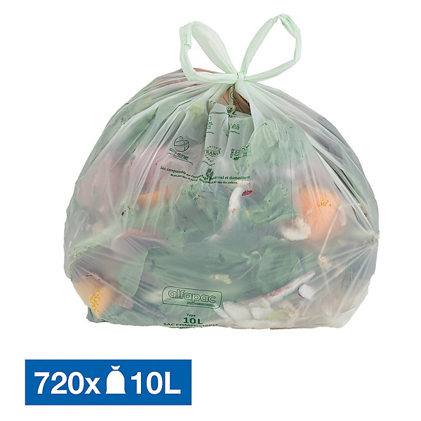Sacs poubelle pour déchets compostables 10 L transparents, lot de 720