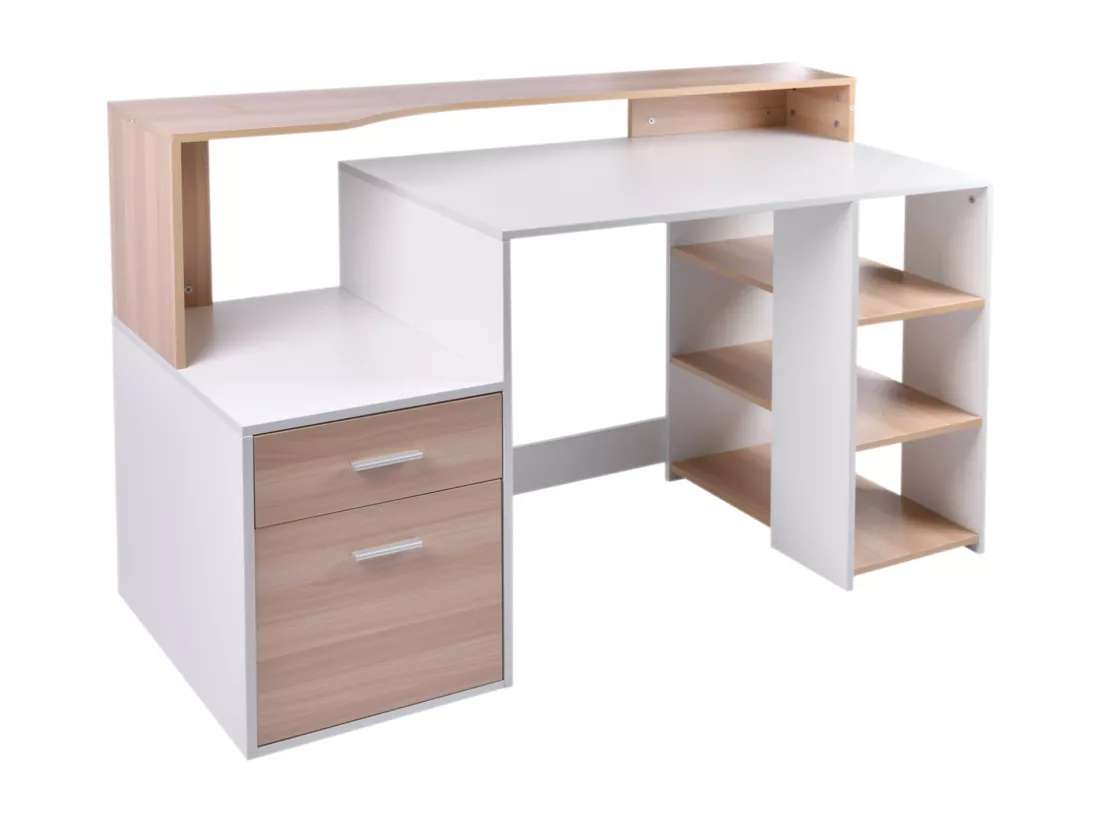 HOMCOM Bureau Informatique multimédia Design Multi-rangements 137 L x 55 l x 92 H cm chêne Blanc