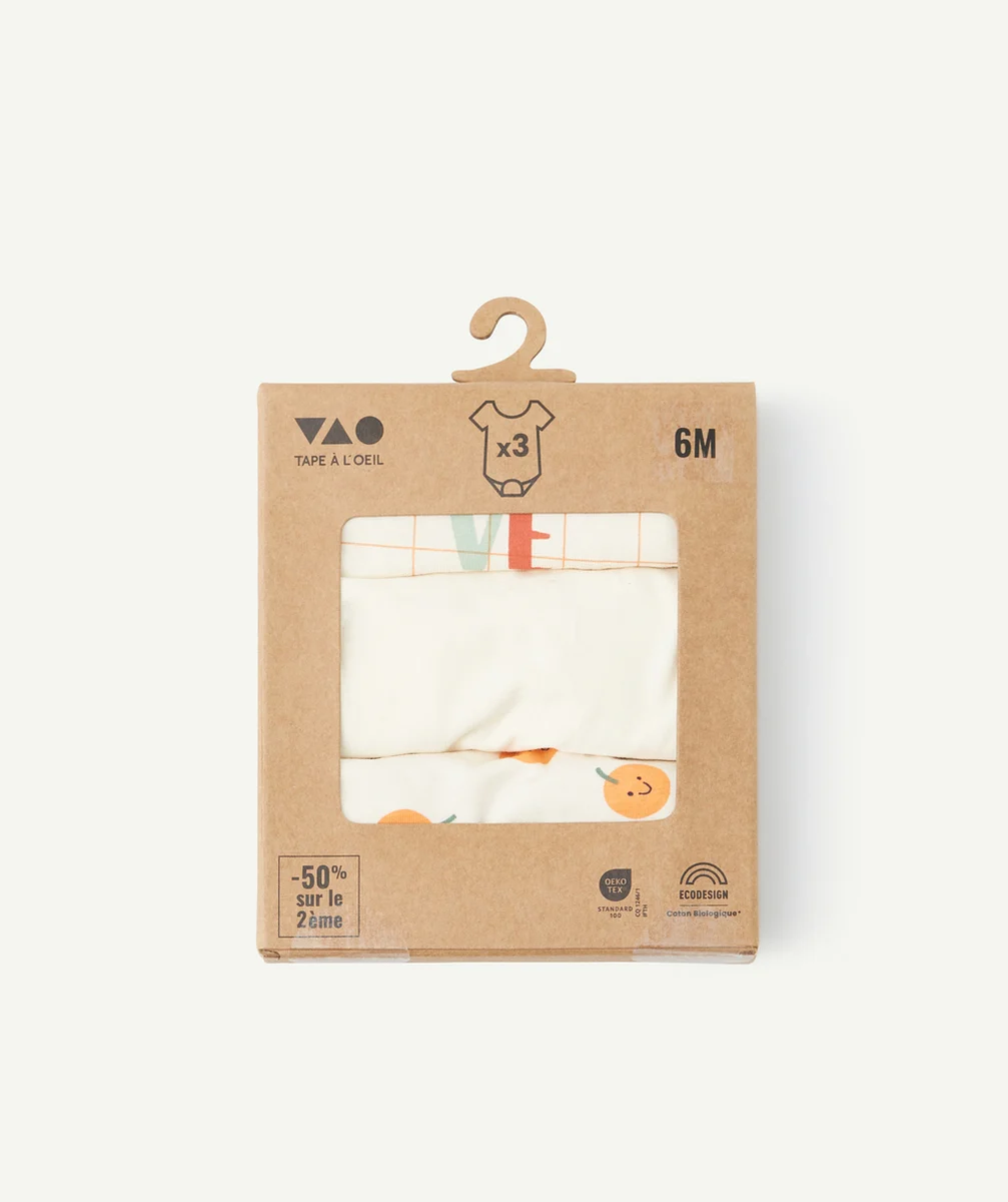 lot de 3 bodies bébé en coton bio uni et imprimé thème fruits