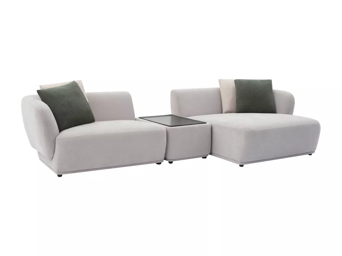 Canapé d'angle droit modulable avec tablette en tissu gris clair RANASO