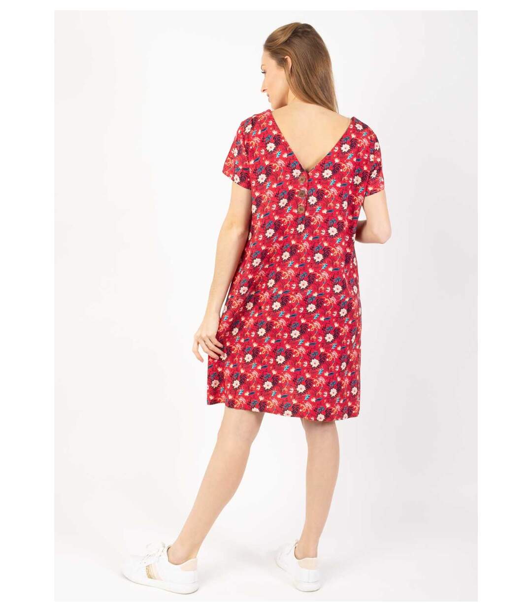 Robe courte fluide col en V CARLA imprimé fleuri rouge Coton Du Monde