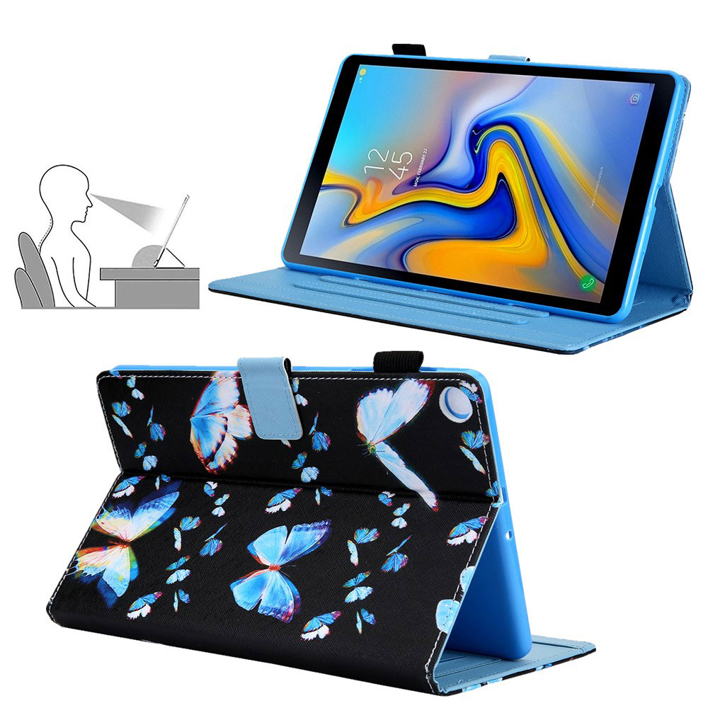 Samsung Galaxy Tab A7 Lite Leder Tasche Flip Case Blaue Schmetterlinge   Stift Halterung - Schwarz