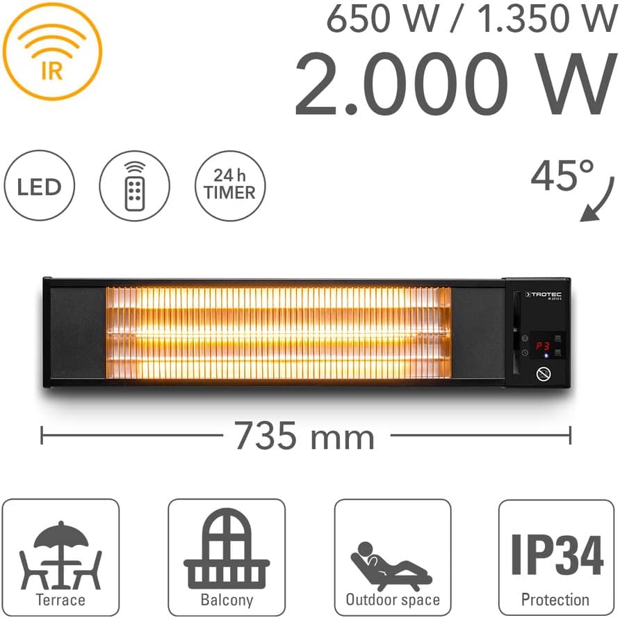 TROTEC Terassenheizstrahler Infrarot IR 2010 S – Heizleistung 650 W / 1350 W / 2000 W – Standgerät, Wandmontage, inkl. Fernbedienung