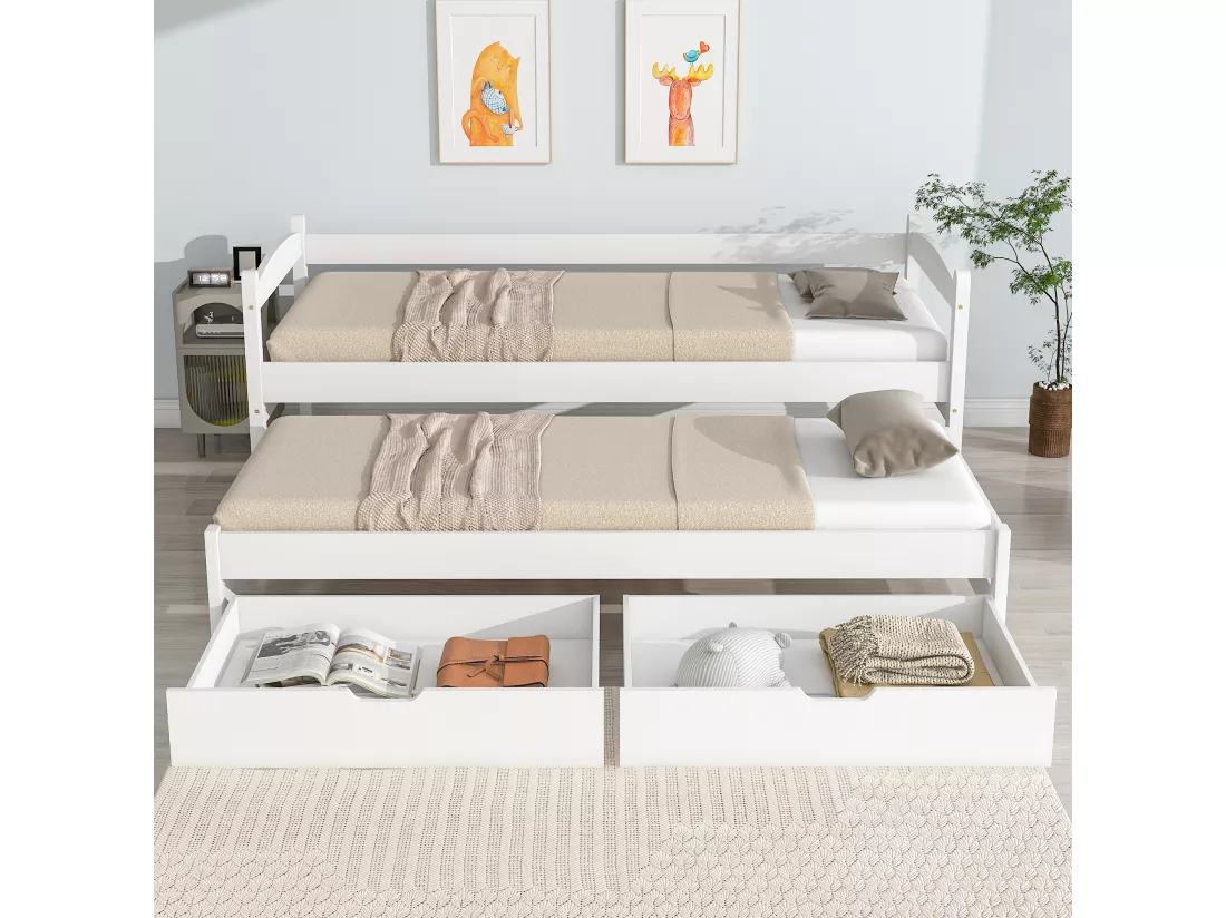 Lit gigogne avec rangement - 90 x 200 cm + 190 x 90 cm - 2 tiroirs - bois massif - coloris blanc