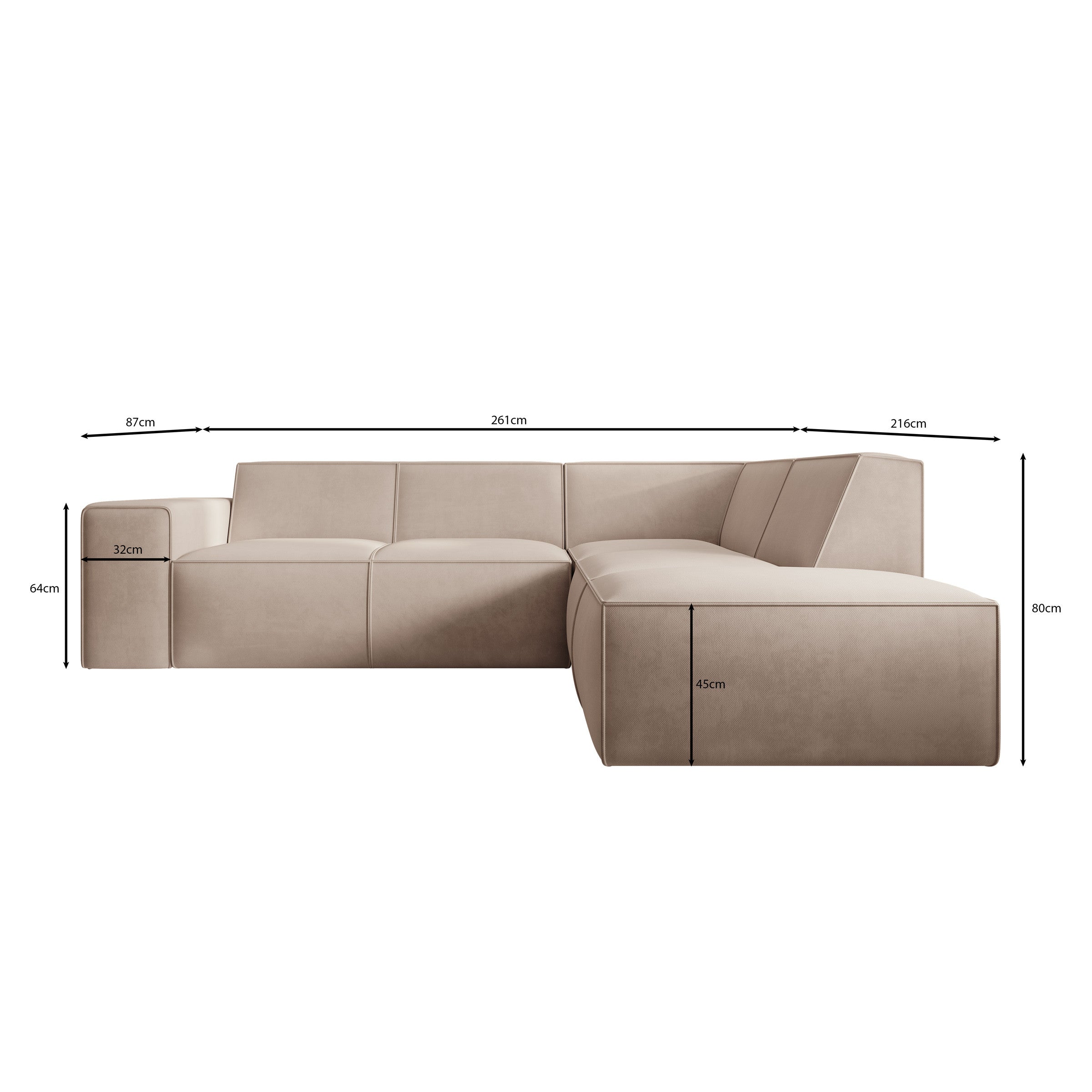 Monet - Hoekbank 4-zits met chaise longue - Stof beige - Rechts - 261x216x80 cm