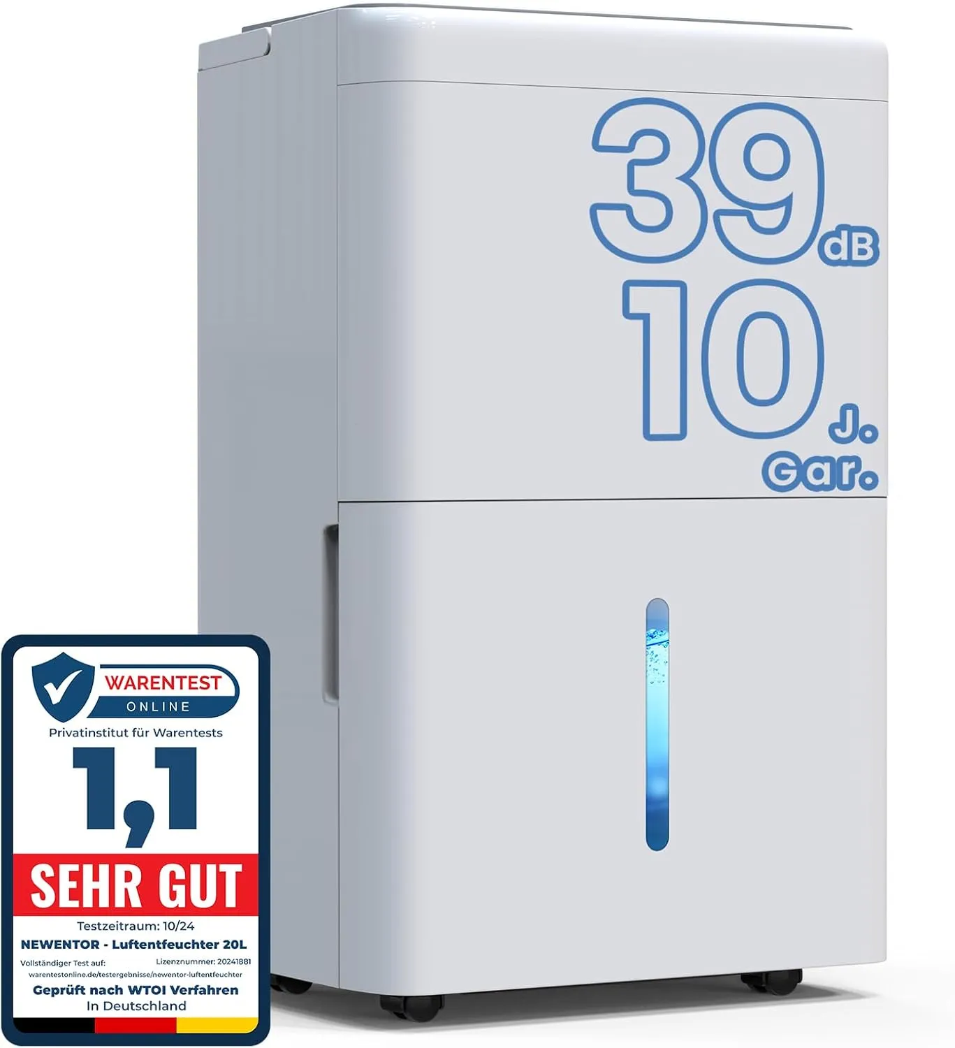 Newentor Bdpt. Luftentfeuchter Elektrisch 20L, Raumentfeuchter Elektrisch Leise 39dB, Entfeuchter Elektrisch Keller bis zu 150m³/50m², Mit 10 J. Gar., Ablaufschlauch, Abnehmbarem Filter, Timer