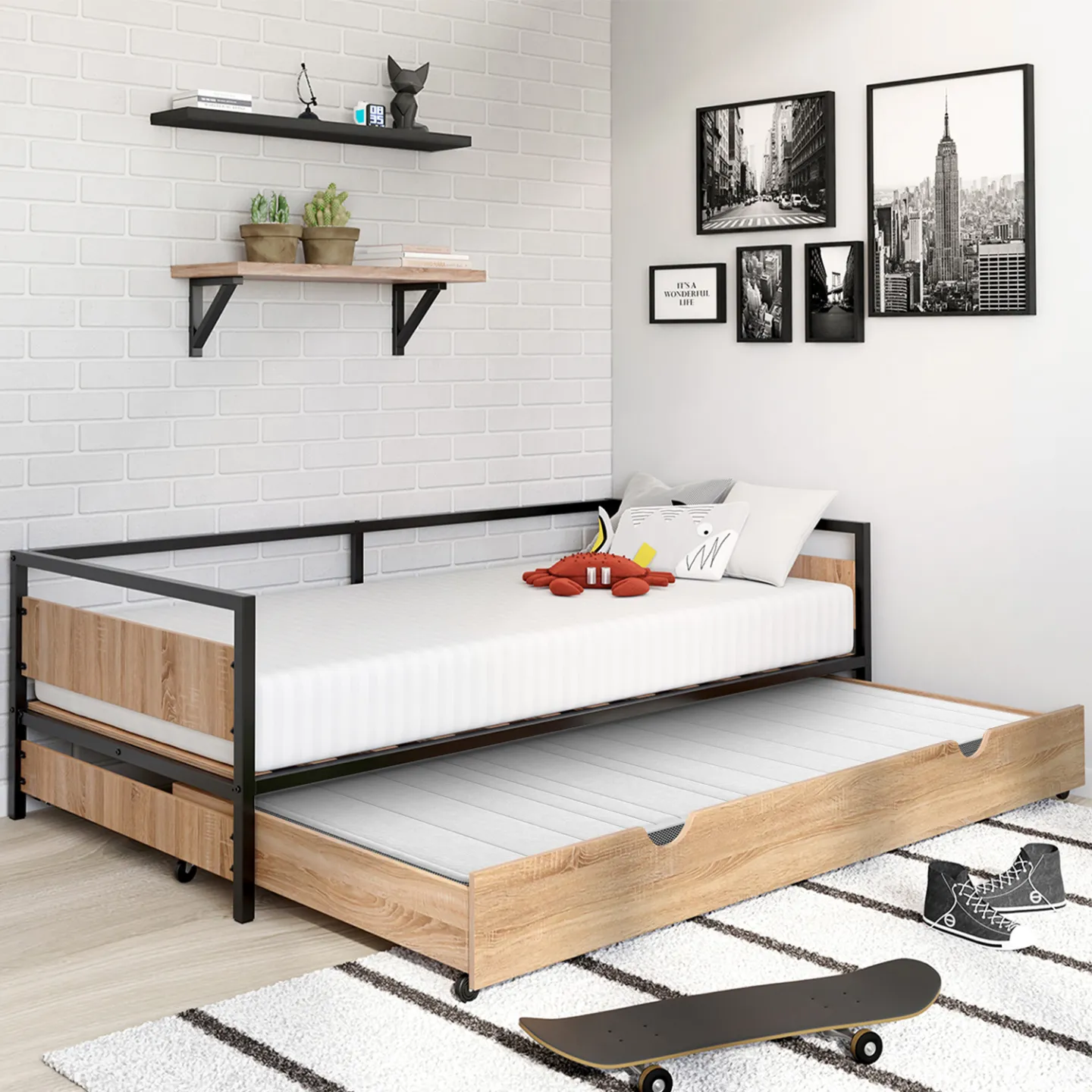 Lit enfant DETROIT 90 x 190 cm avec tiroir gigogne et rangement style industriel