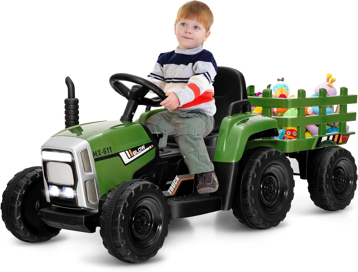 Carrinho trator elétrico infantil KOMFOTTEU, capacidade de carga de 30 kg, a partir de 3 anos.