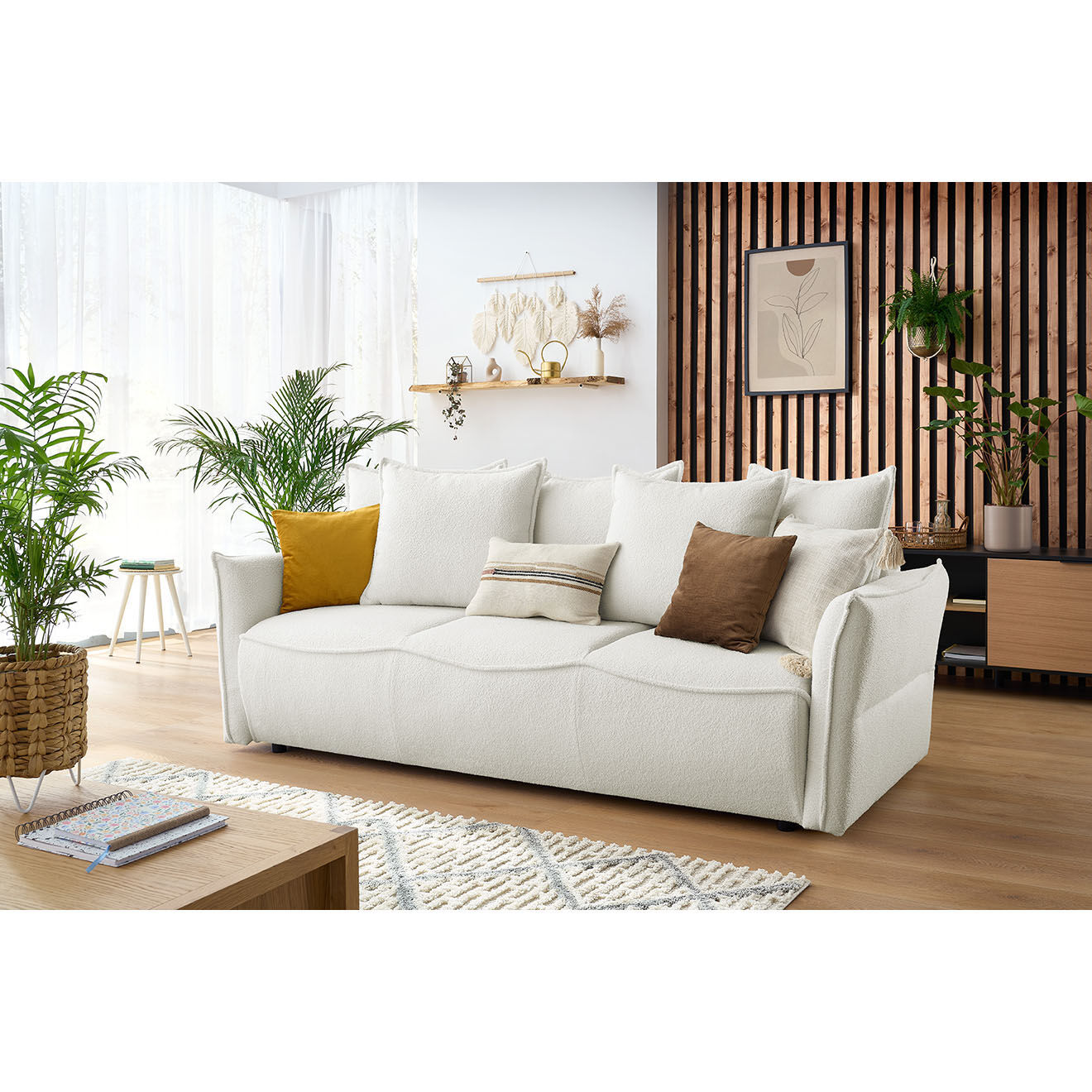 Bobochic Canapé 3 places convertible coffre Bouclette Leon blanc - 226x97x90 cm