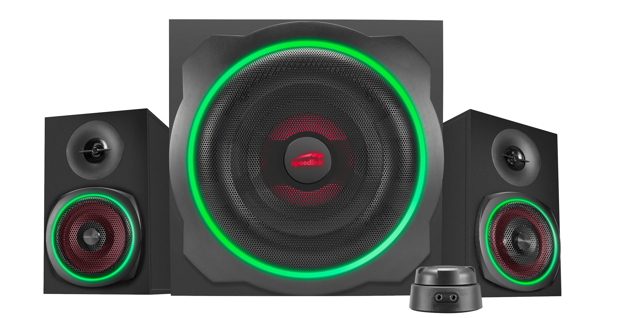 Speedlink 2.1 Soundsystem »GRAVITY LT RGB Subwoofer System aus Holz mit Bluetooth« 2.1 (Bluetooth 60 W) 40 W RMS, 80 W Spitzenleistung, 3,5mm Klinke, RGB-Tischfernbedienung