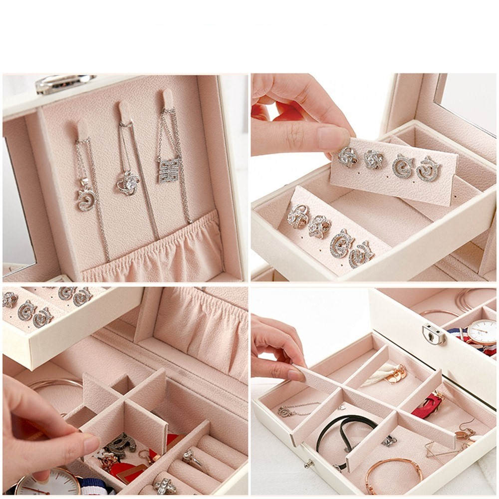 (22.5x17x12cm) Leder Schmuckschatulle Aufbewahrungsbox Organizer für Ringe / Ohrringe / Armbänder - Weiss