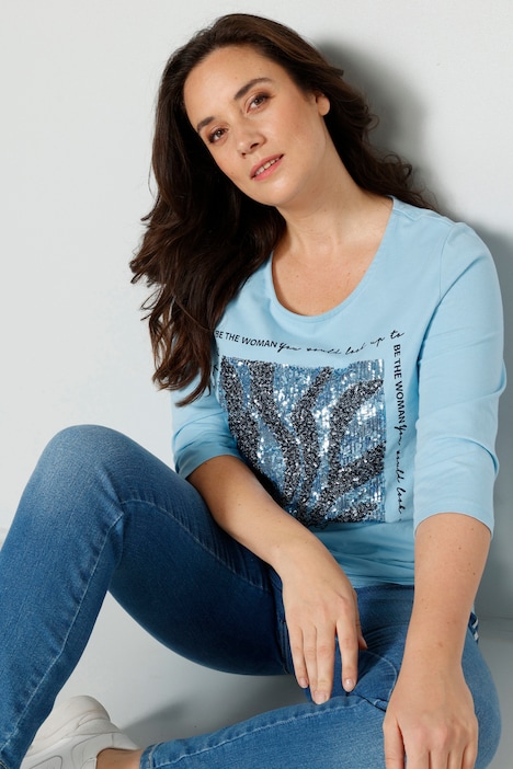 T-Shirt, Pailletten-Motiv, 3/4-Ärmel