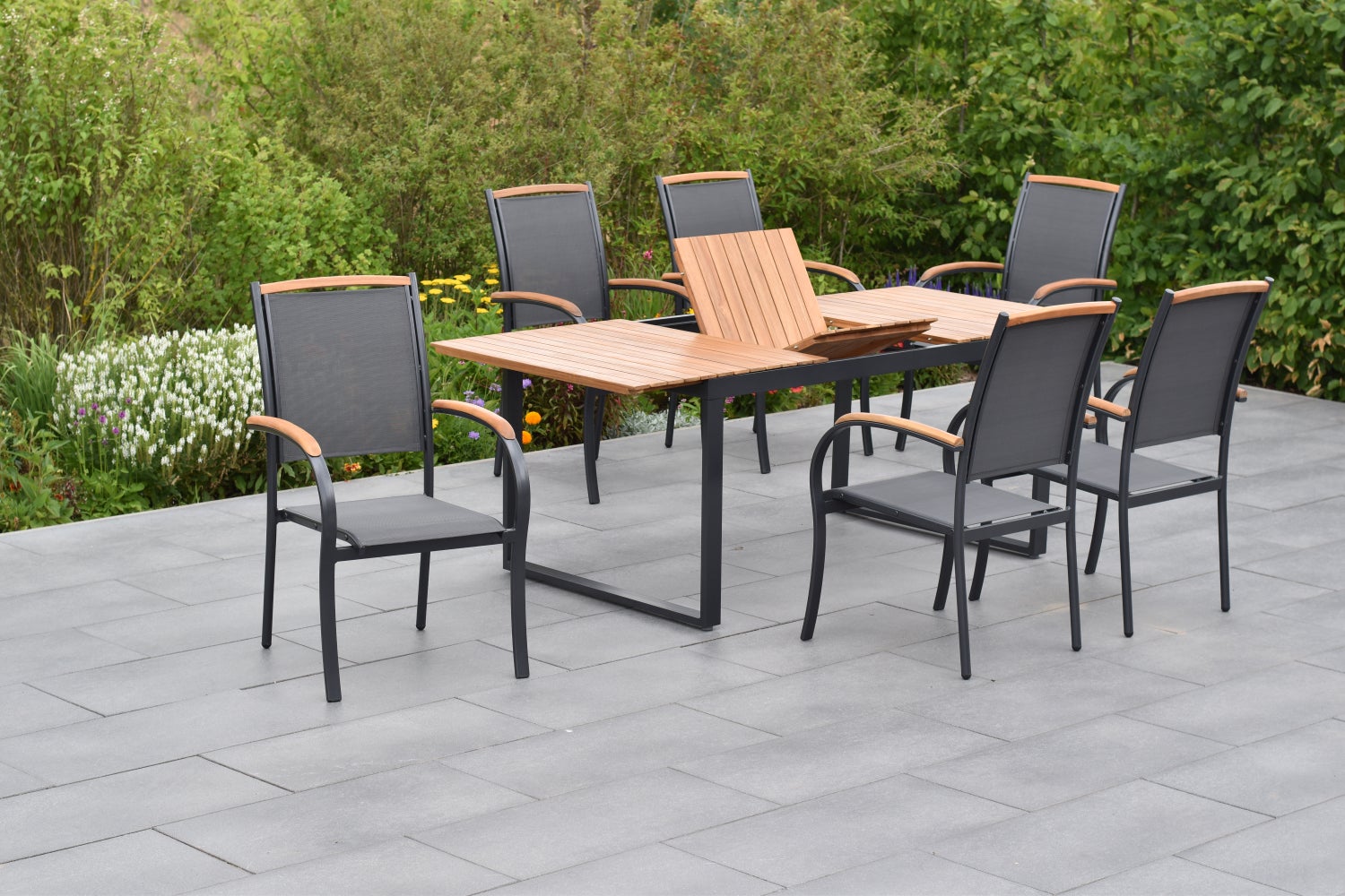 Siena 7-delige tuinmeubelset, stapelbare stoelen, uitschuifbare tafel 150 (200) x 90 cm, grafiet/grijs