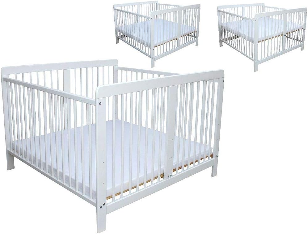 Zwillingsbett Zwillingskinderbett Kinderbett für Zwillinge Doppelbett massiv Weiss mit 2 Matratzen 120x120cm
