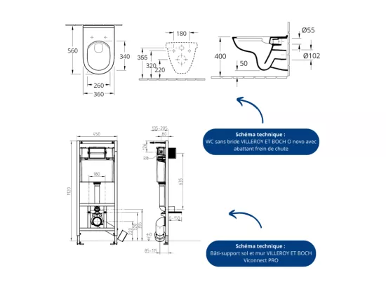 Pack WC sans bride VILLEROY ET BOCH O novo avec abattant frein de chute + bâti-support sol et mur Viconnect PRO + plaque Chromé