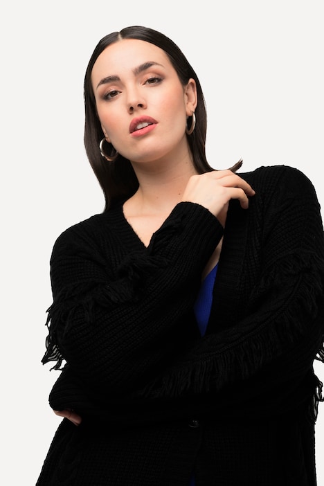 Strickjacke, Fransen, Zopfmuster, Oversized, V-Ausschnitt