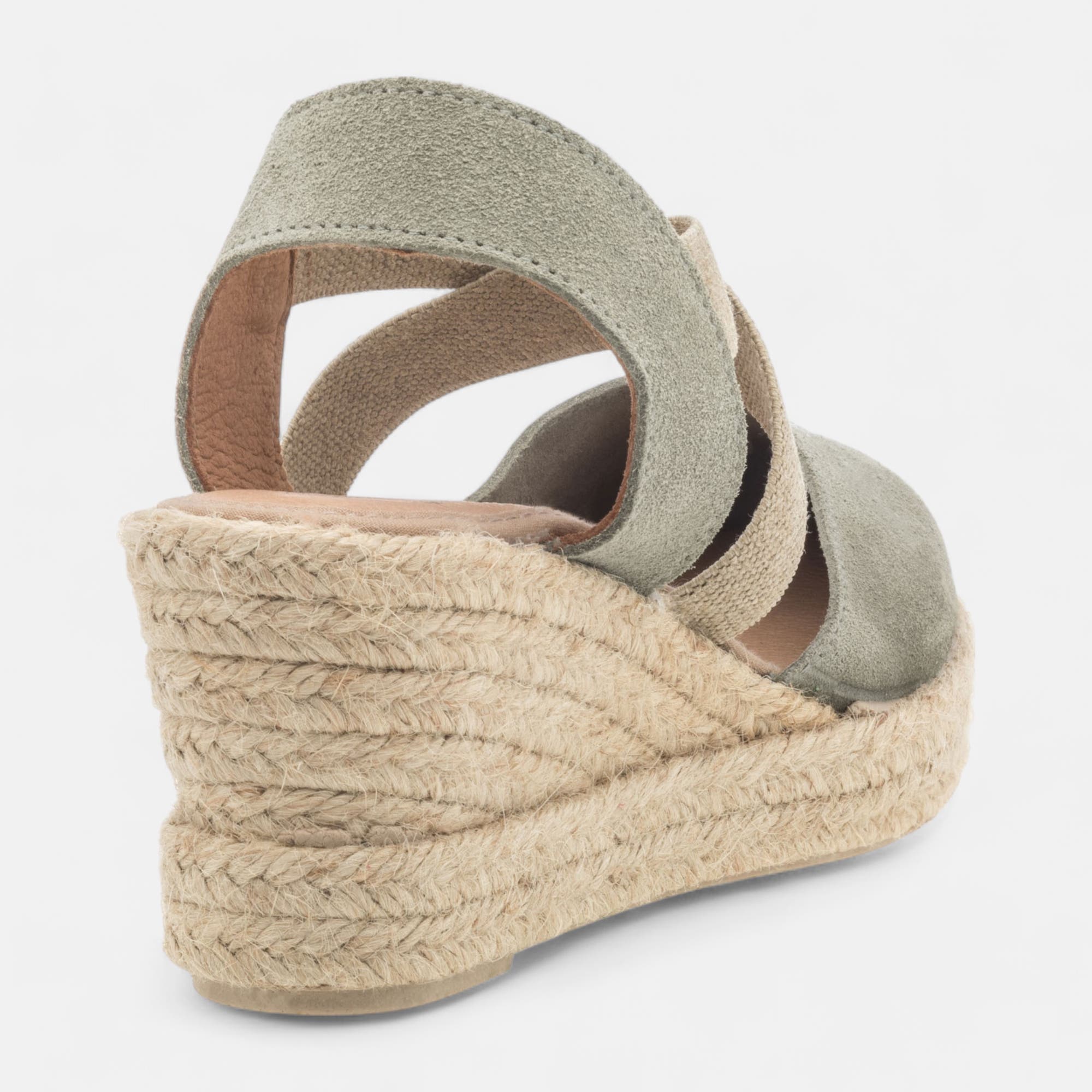 Espadrilles à talon compensé Femme en cuir kaki
