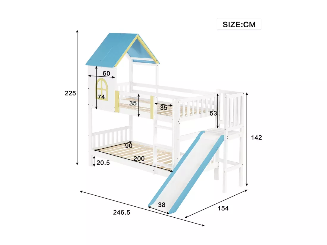 Lit superposé, lit de maison, lit d'enfant,Lit d'enfant avec toit et fenêtre,avec protection contre les chutes et barrière,avec échelle à trois niveaux,avec toboggan, pin+MDF,blanc+bleu,90x200cm,Sans matelas