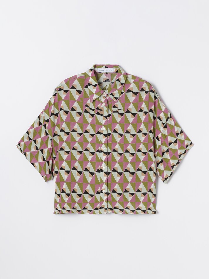 Camisa curta cropped de chambray - Tons de Verde