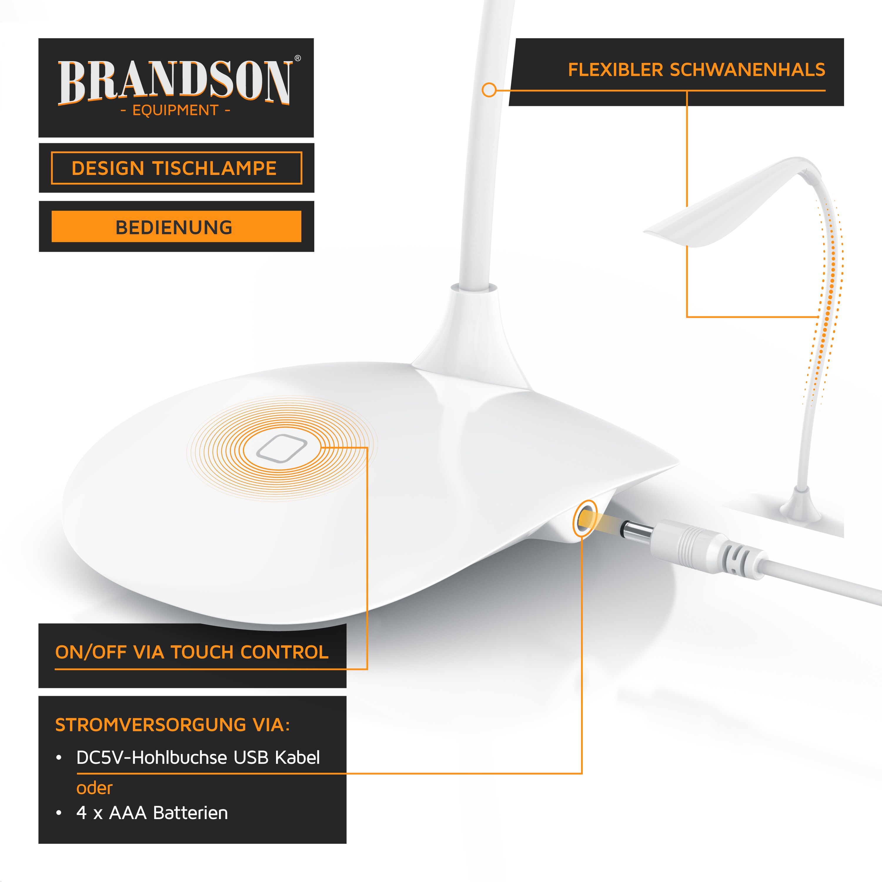Brandson Schreibtischlampe, warmweiß, LED, Stromsparend, 3 Helligkeitsstufen, Batteriebetrieb, Lampe weiß