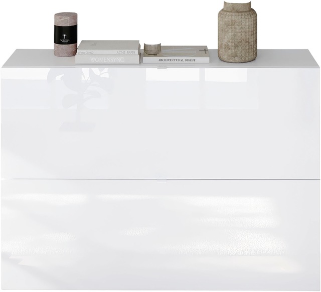 INOSIGN Schuhschrank »SMILE Breite 104 cm, 2 Klappen, komplett Weiss Hochglanz lackiert,« Schuhkipper hängend o. stehend montierbar, 4 Fächer, Metallgriffe