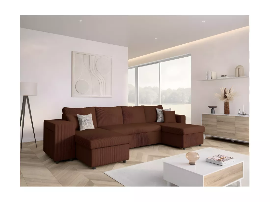 Canapé panoramique Oslo convertible avec 2 coffres, 2 poufs à gauche en velours côtelé marron - L311 x P146 x H81cm - Loungitude