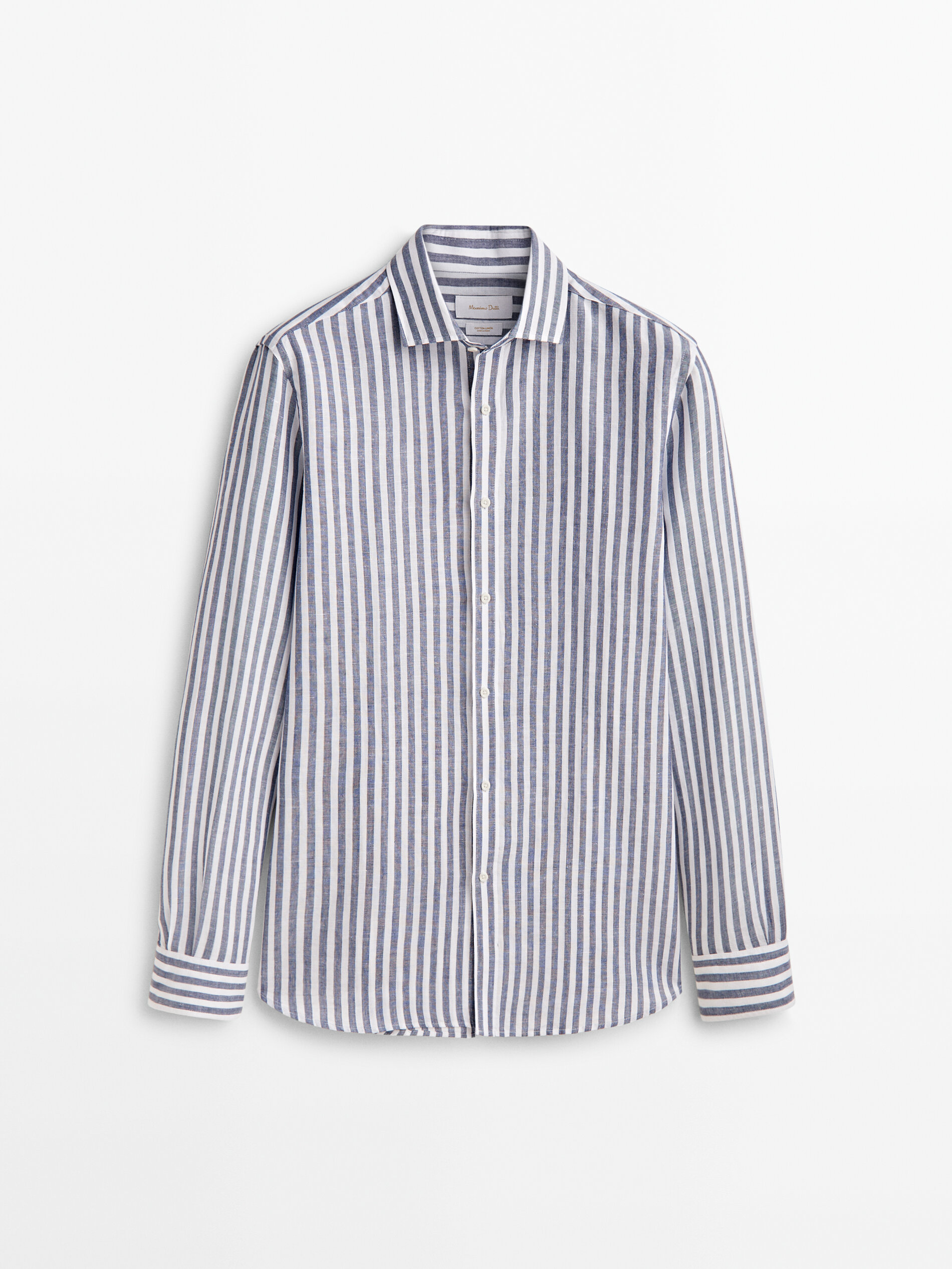 Camisa listrada em linho e algodão, modelagem regular - AZUL MARINHO