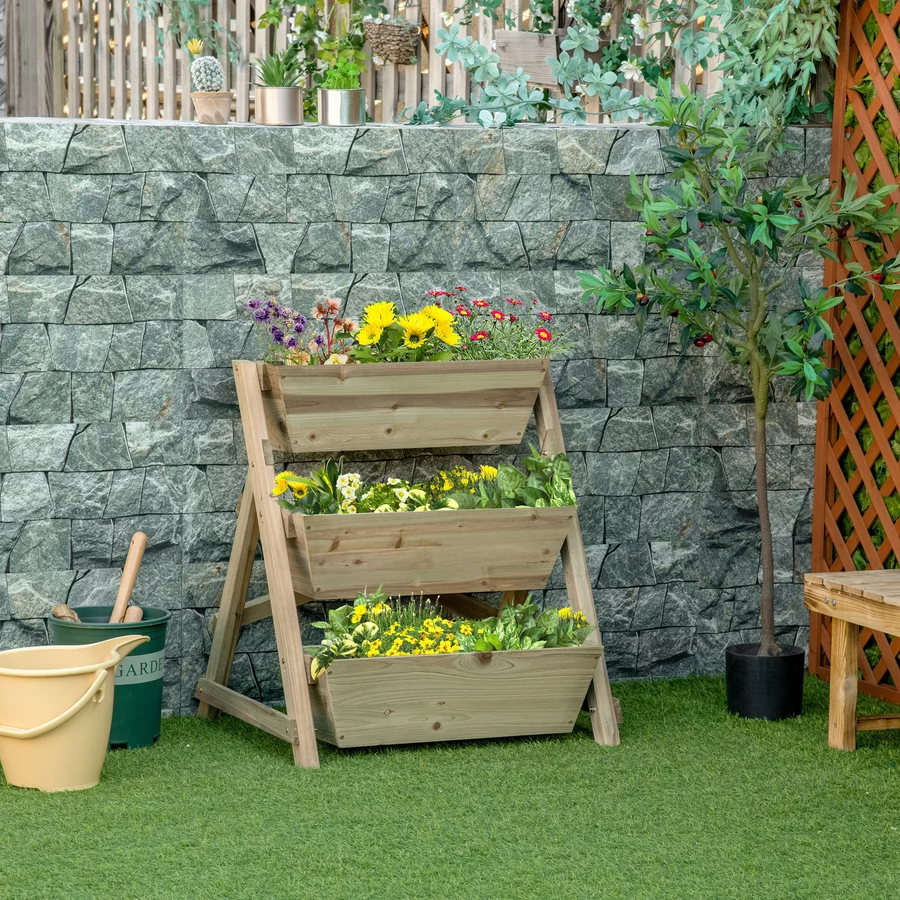 Outsunny Blumentreppe mit 3 Stufen und Vliesstoff innenverkleidung grün