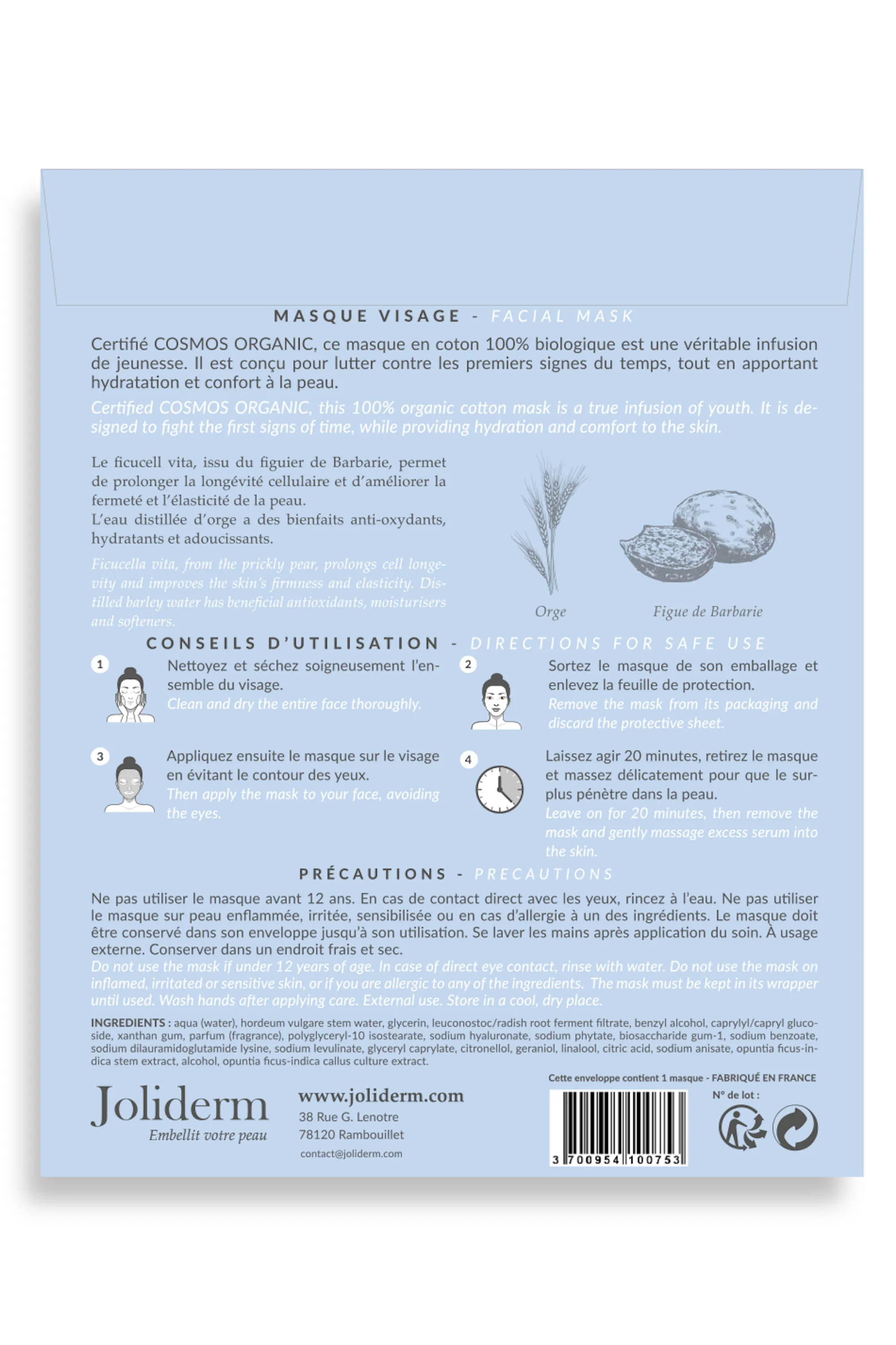 Joliderm Masque visage en coton hydra-temps