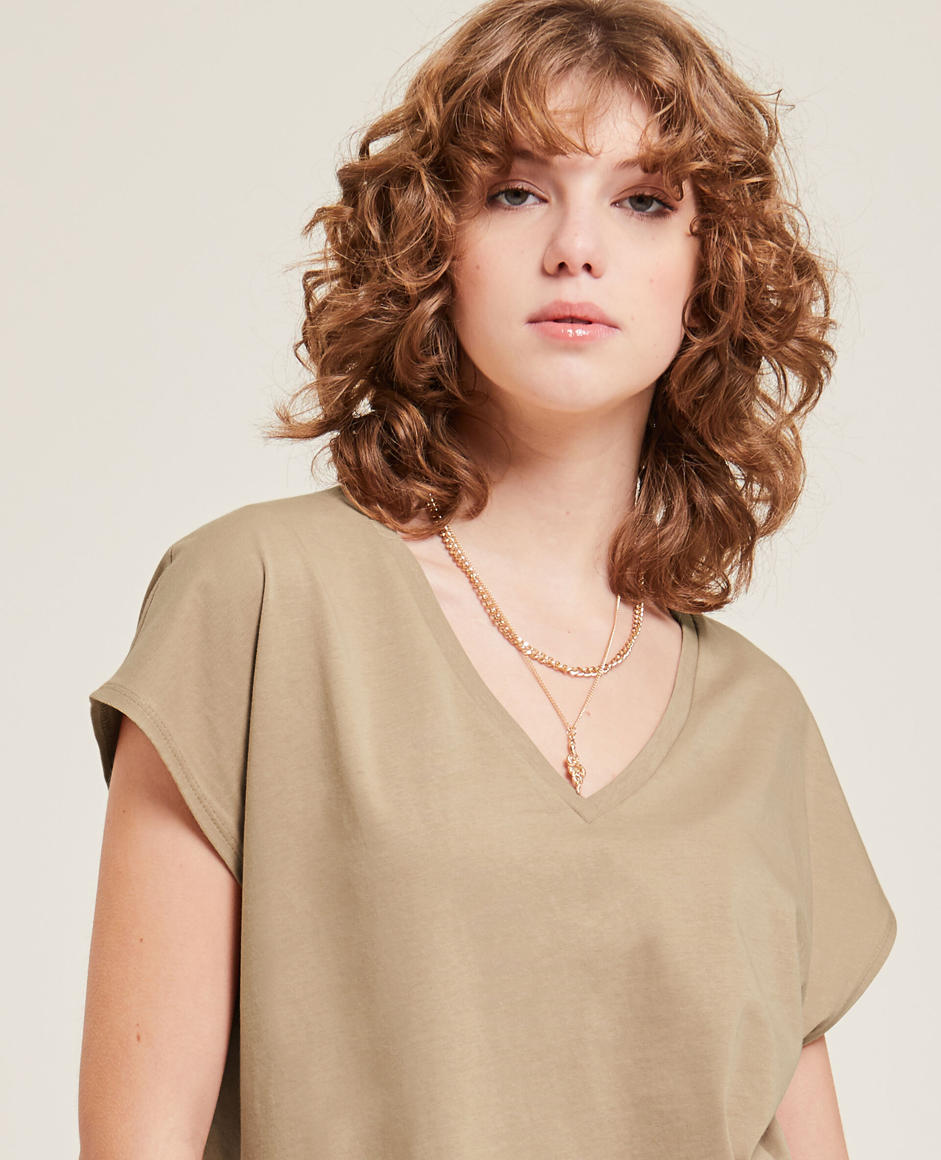 T-shirt col V manches courtes - Camel