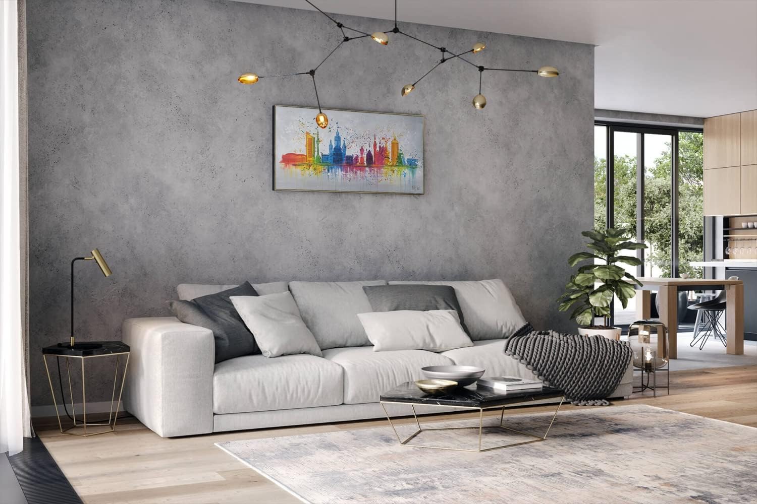 KunstLoft Leinwandbild | 100% HANDGEMALT | 120x60cm | Gemälde 'Leipzig Silhouette' | Skyline | Bunt Grau | Wandbild Wohnzimmer