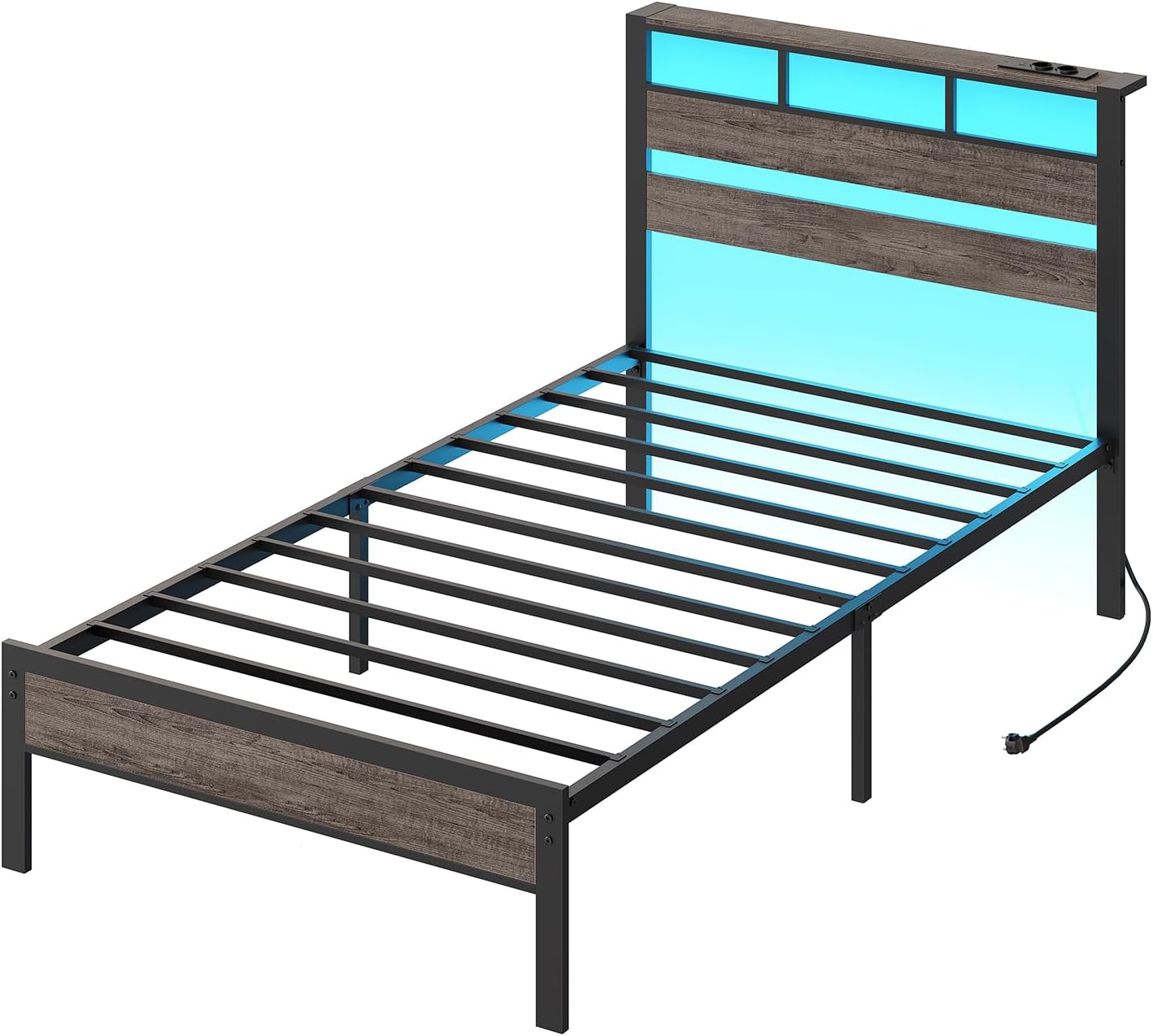 HOOBRO Bett 90 x 200 mit Lattenrost, Einzelbett mit Kopfteil, LED-Beleuchtung, Ladestation (2AC, 2USB-A), Bettgestell 90 x 200 cm, Metallbett für Schlafzimmer Gästezimmer, Anthrazit EBC77CDBF01 DR4563831