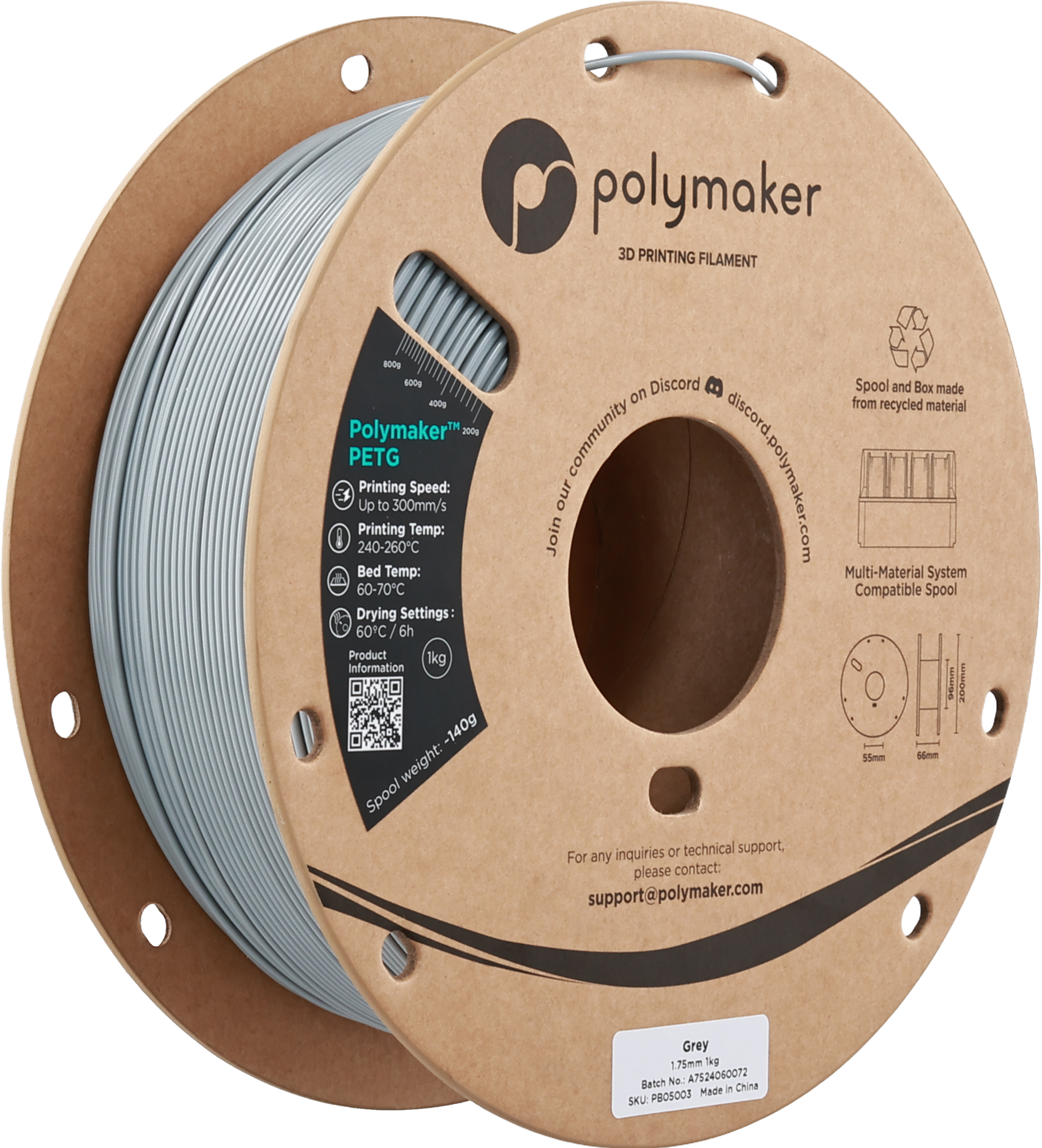 Polymaker  PETG Grey, 1,75 mm / 1000 g    Robustes PETG optimiert für High Speed Druck in Grey
