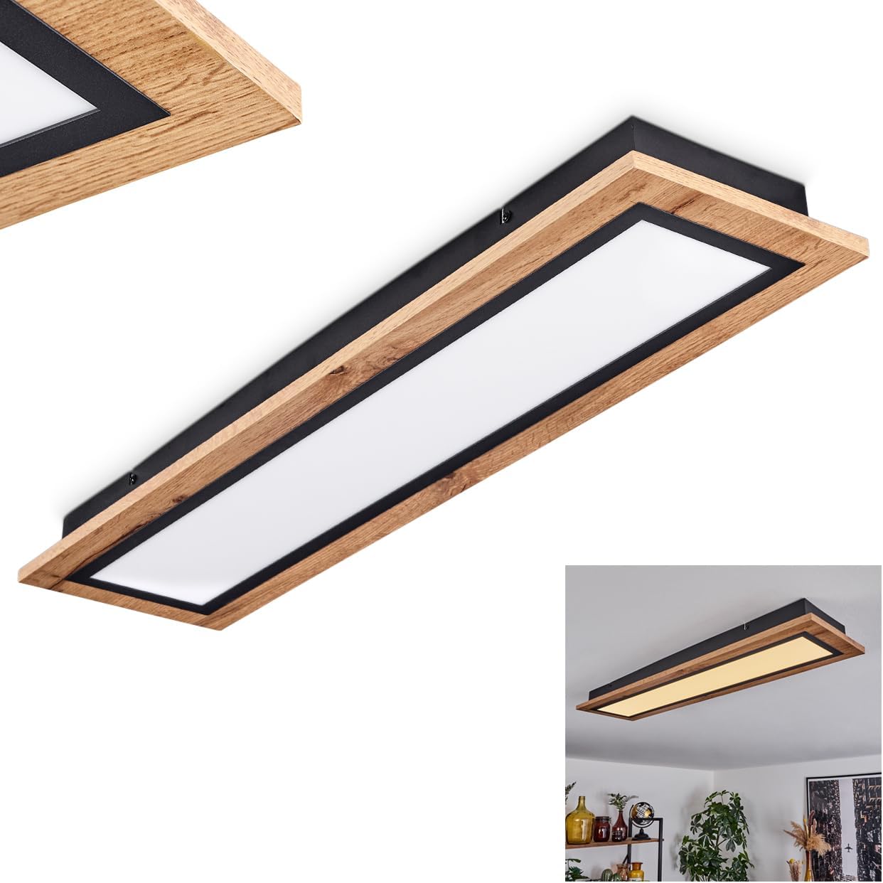 LED Deckenleuchte Salmi, moderne Deckenlampe aus Metall/MDF/Kunststoff in Schwarz/Holzoptik/Braun/Weiß, rechteckige Leuchte (80 cm x 20 cm), 2800 Lumen, 3000 Kelvin, LED 24 Watt