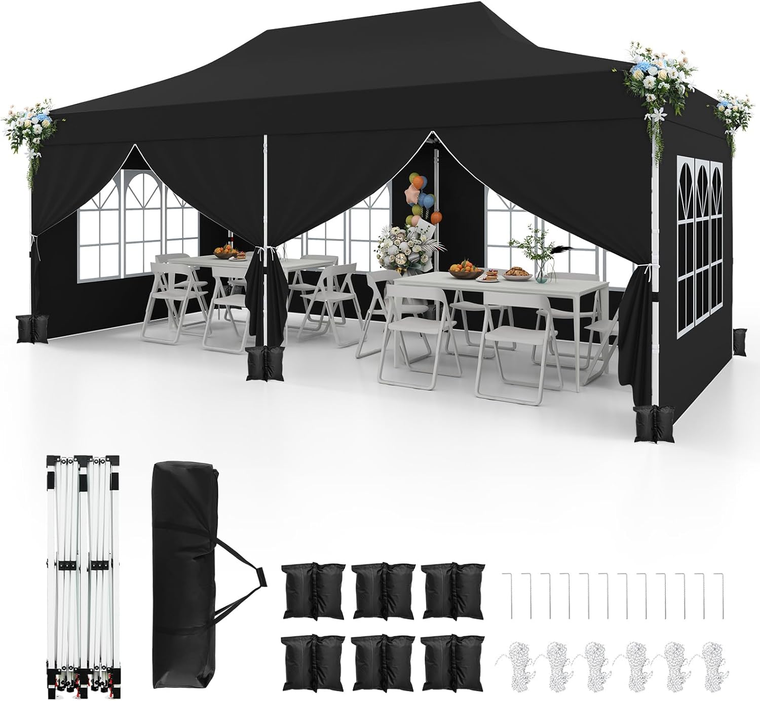 COSTWAY Pavillon 3x6m, Faltpavillon mit 6 Seitenwänden & 6 Sandsäcke, Gartenpavillon Wasserdicht Stabil Winterfest, UV Schutz 50+, Partyzelt mit Tragetasche für Garten Hausparty Hochzeiten (Schwarz)