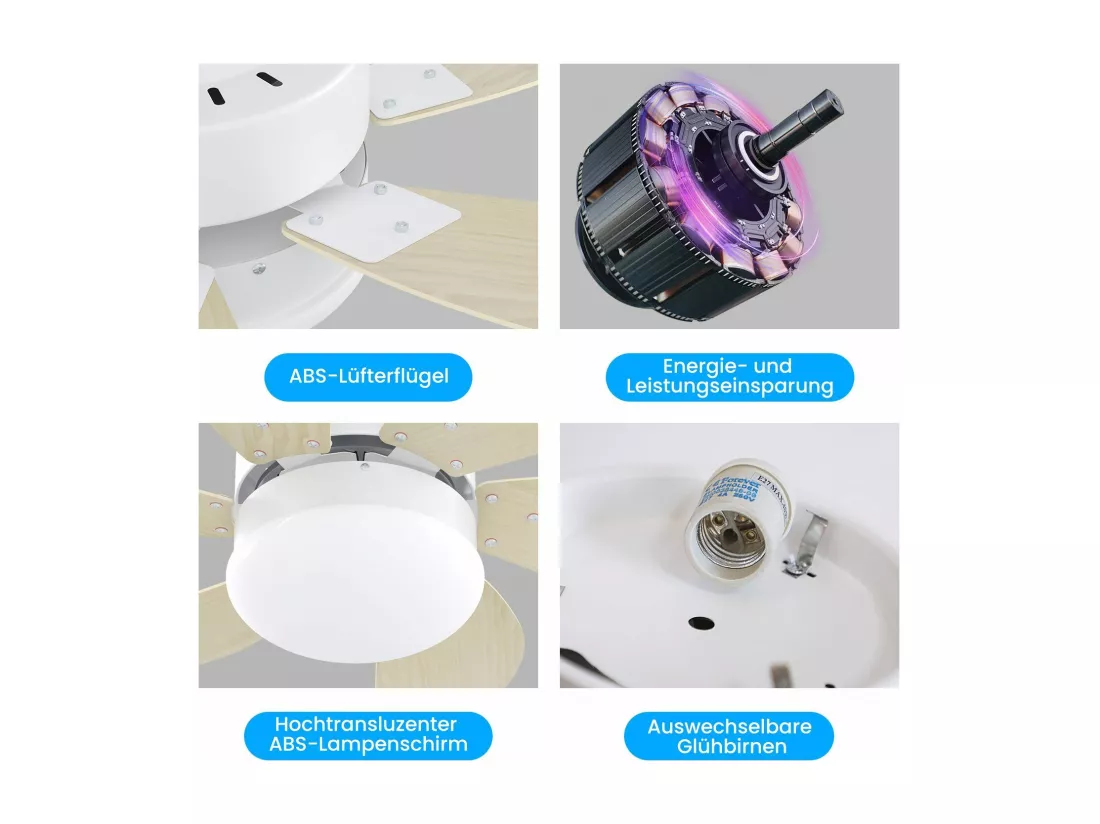 NETTLIFE Ventilateur de plafond blanc avec éclairage, télécommande, silencieux, avec minuterie, 6 pales, pour chambre à coucher