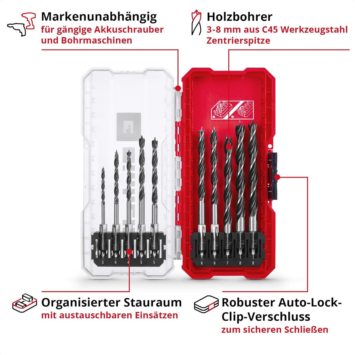 Einhell S-CASE 10-delige houtborenset (dubbele spiraal, van rolgesmeed gereedschapsstaal C45, E 6.3 schacht, 3-punts geslepen, centreerpunt incl. opbergbox)