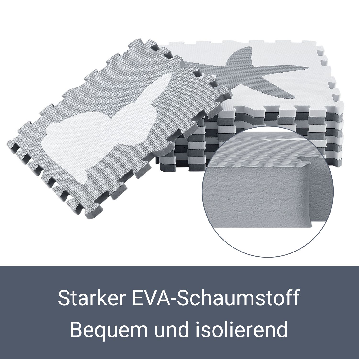Juskys Kinder Puzzlematte Timon 36 Teile mit 16 Tieren - rutschfest – grau weiß
