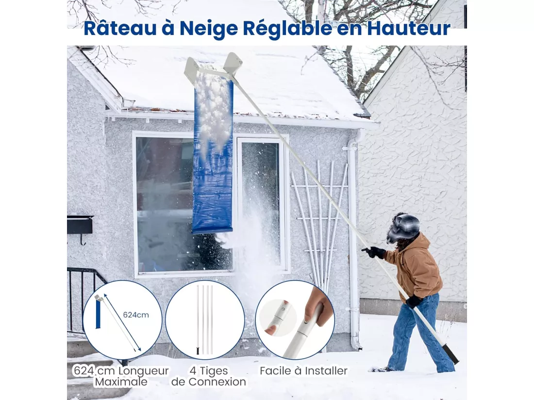 Râteau à Neige pour Toit avec 4 Tiges Longueur Max de 624 cm, Déneigement de Toit en Aluminium avec Poignée Antidérapante Tête de Coupe Large, pour Maison Véhicule Garage