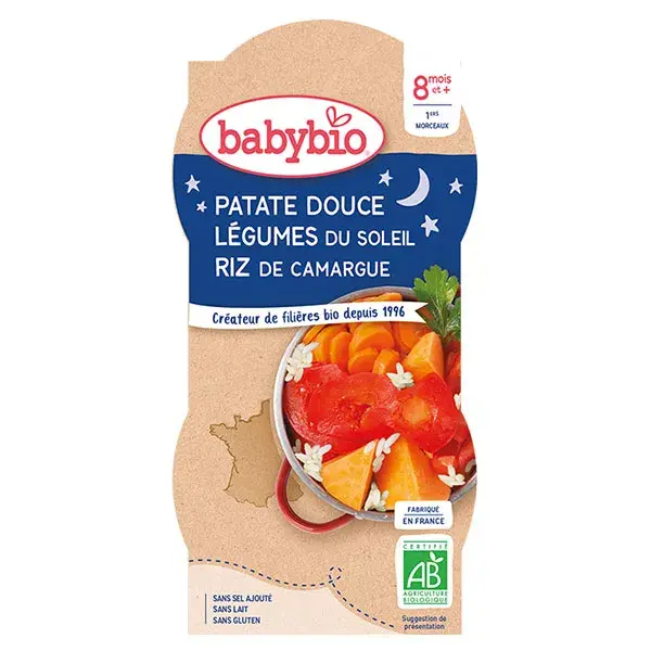 Tigela de refeição noturna Babybio com batata-doce, legumes e arroz +8 meses Orgânica 2 x 200g