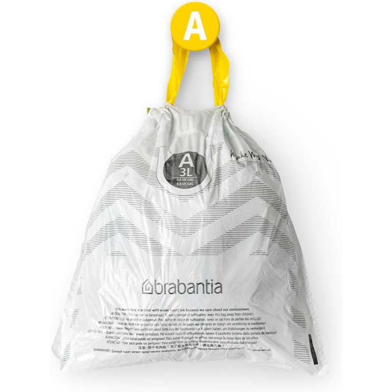 Sac poubelle 3 litres à liens coulissants Brabantia A blanc - 20 sacs
