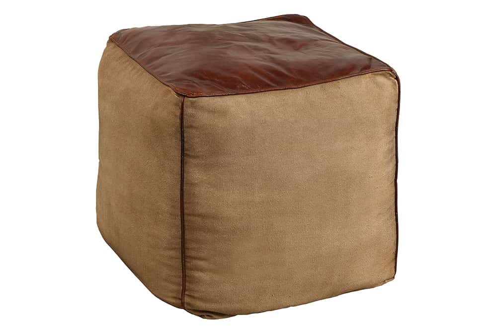 Retro Sitzpouf MUSTANG 45cm Lederbezug mit Leinen Sitzwürfel