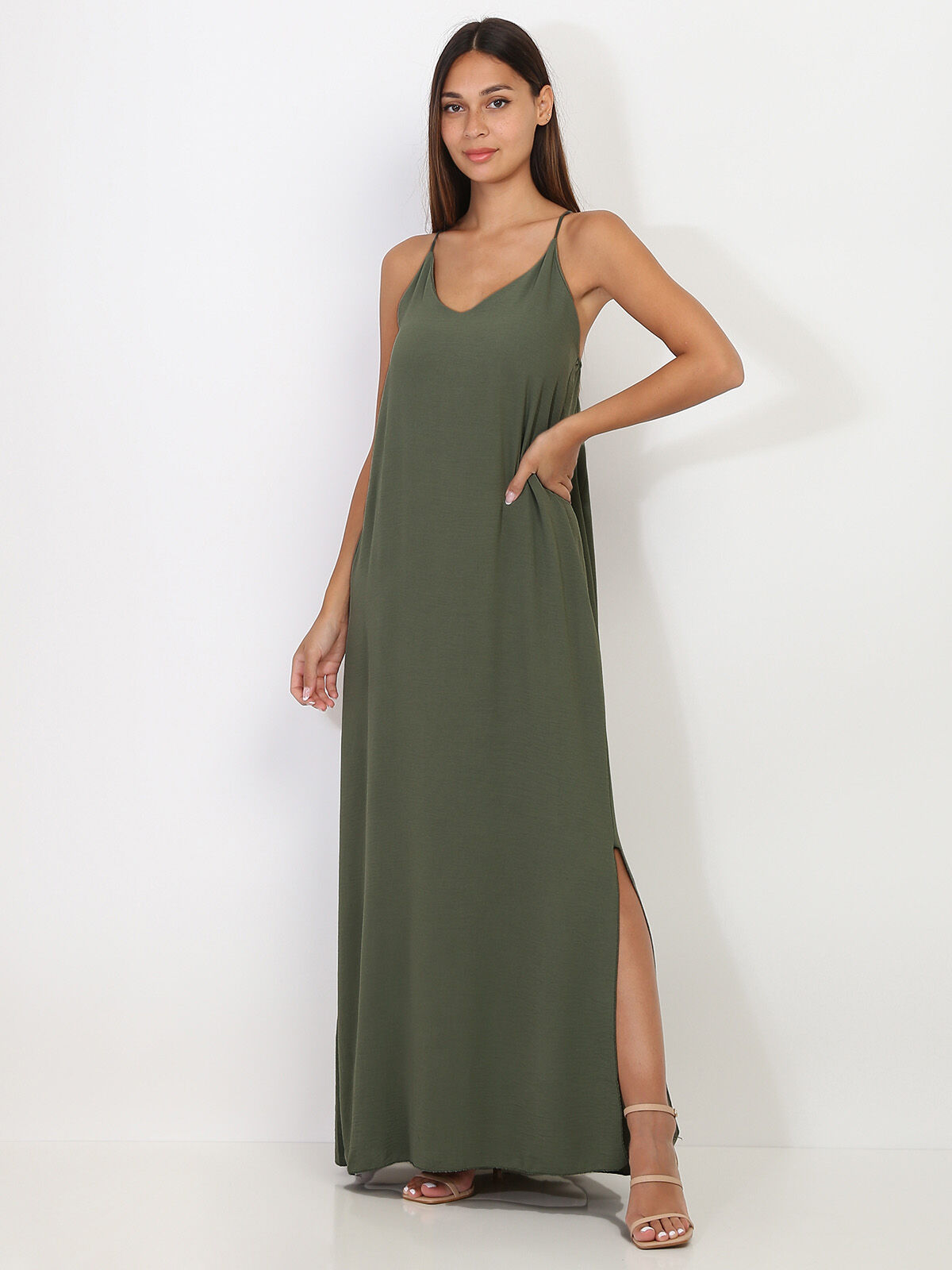 Robe longue fendue à dos croisé- Kaki
